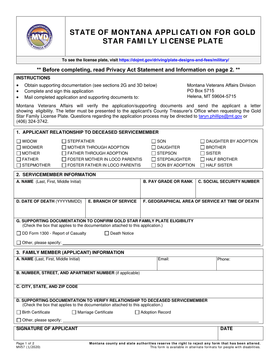 Form MV57 State of Montana Application for Gold Star Family License Plate - Montana, Page 1