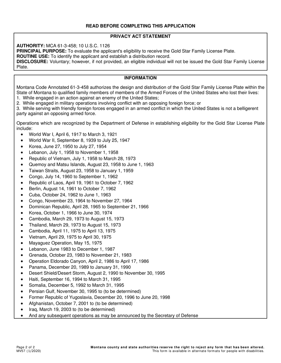 Form MV57 State of Montana Application for Gold Star Family License Plate - Montana, Page 2