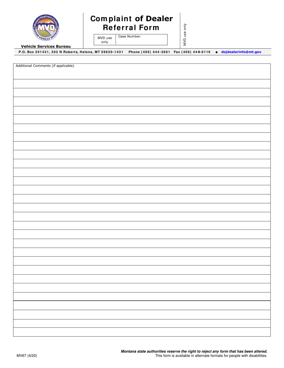 Form MV67 Complaint of Dealer Referral Form - Montana, Page 3