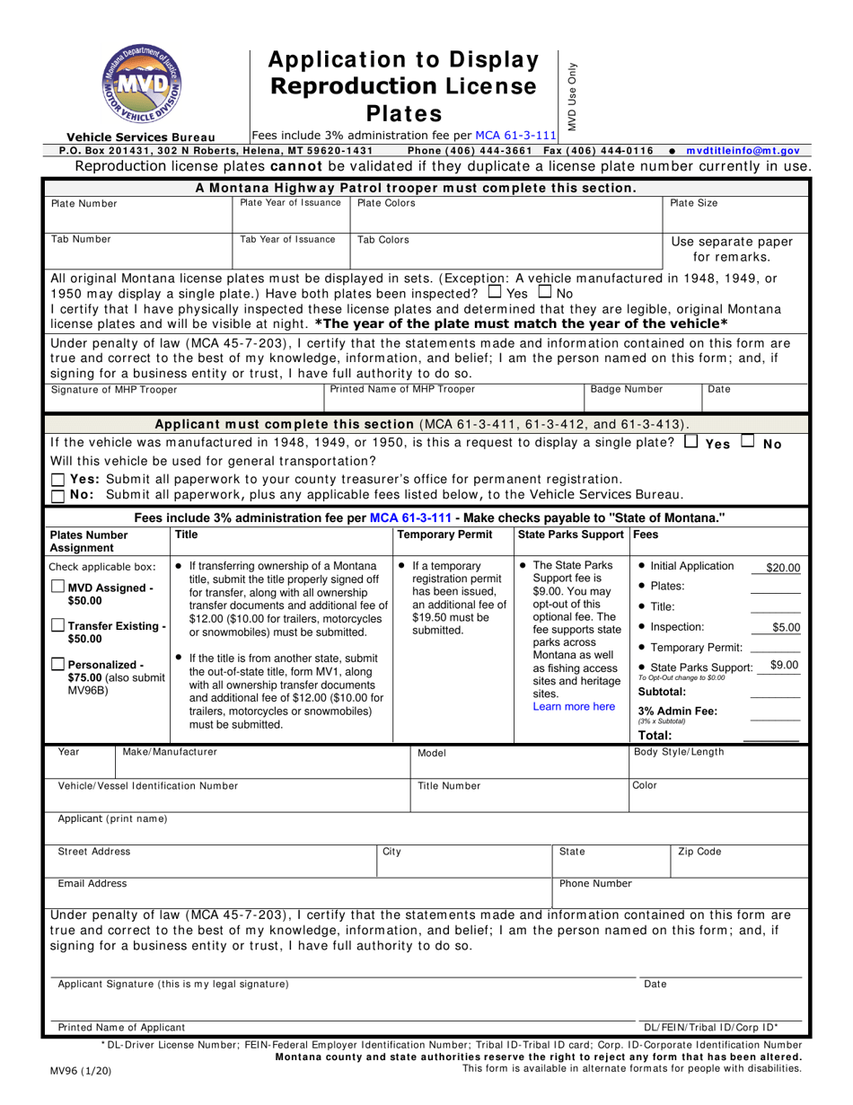 Form MV96 Application to Display Reproduction License Plates - Montana, Page 1