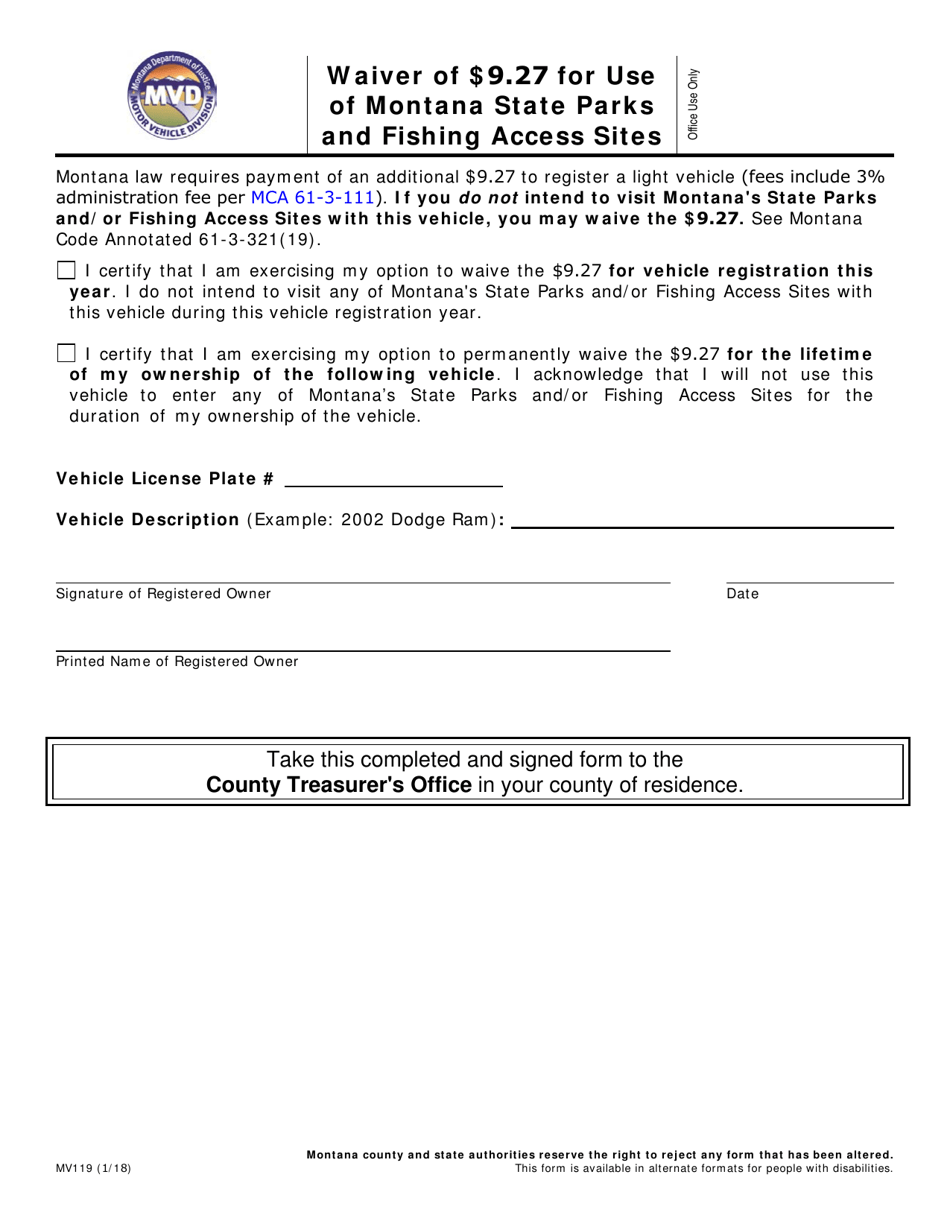 Form MV119 Waiver of $9.27 for Use of Montana State Parks and Fishing Access Sites - Montana, Page 1