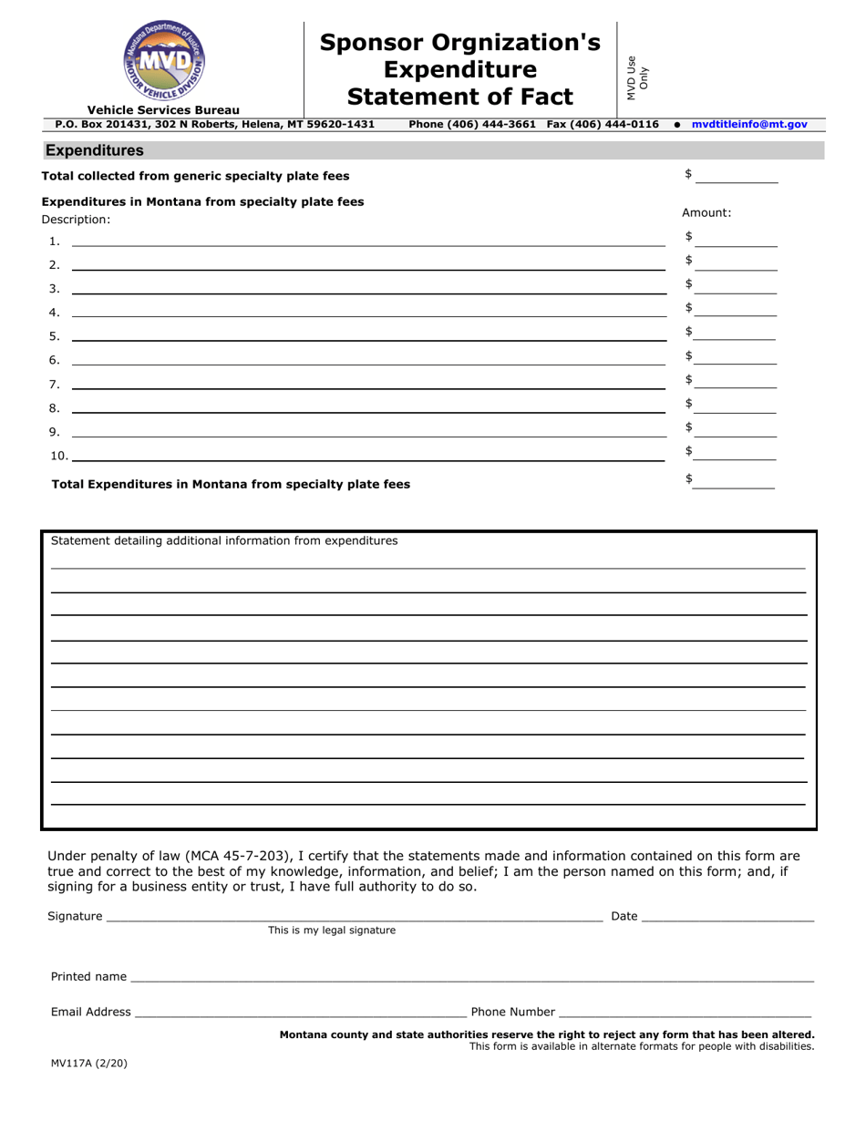 Form MV117A Sponsor Orgnizations Expenditure Statement of Fact - Montana, Page 1