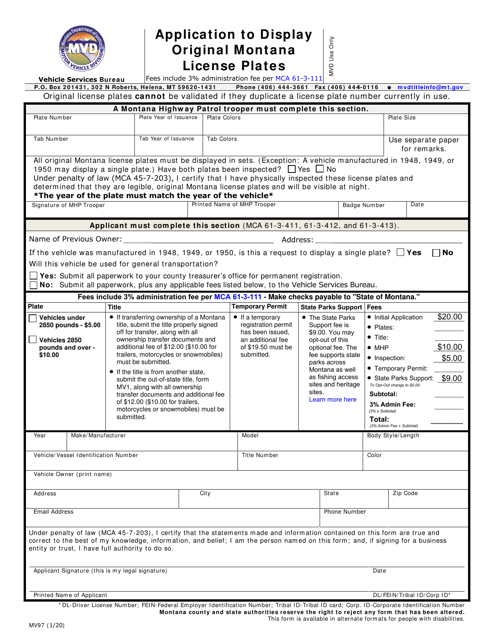 Form MV97 Application to Display Original Montana License Plates - Montana