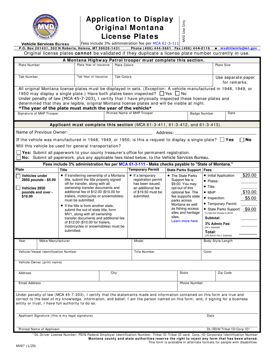 Form MV97 Application to Display Original Montana License Plates - Montana, Page 1