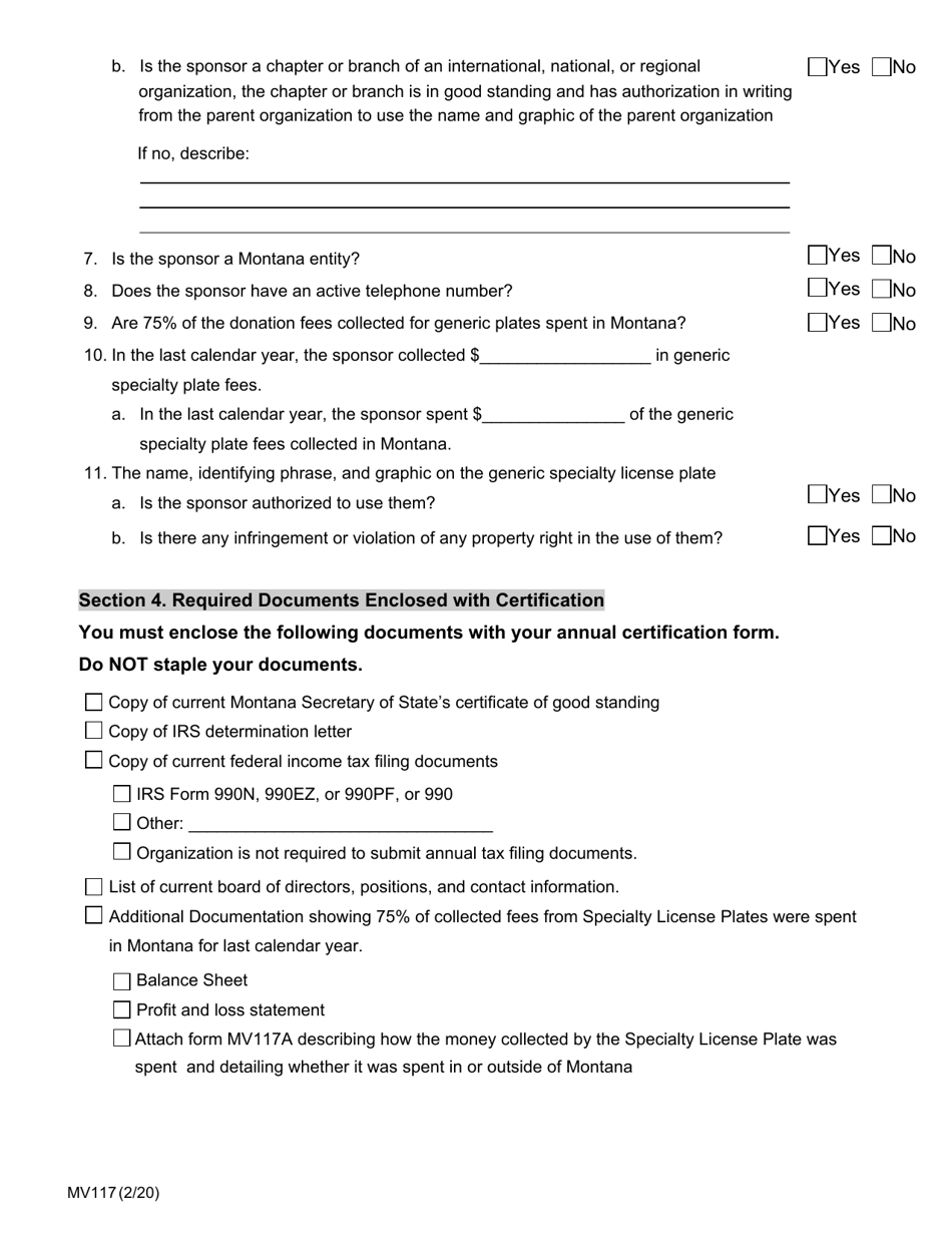 Form MV117 Sponsor Organizations Annual Certification for Specialty License Plate - Montana, Page 2