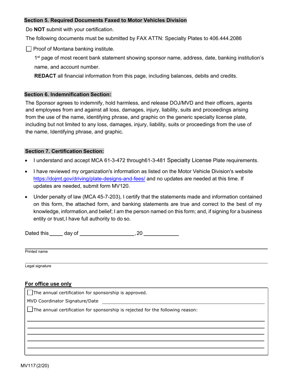Form MV117 Sponsor Organizations Annual Certification for Specialty License Plate - Montana, Page 3
