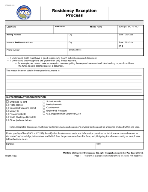 Form MV211 Residency Exception Process - Montana