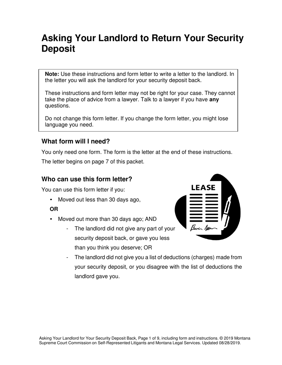 Security Deposit Demand Letter (Asking Your Landlord for Your Security Deposit Back) - Montana, Page 1