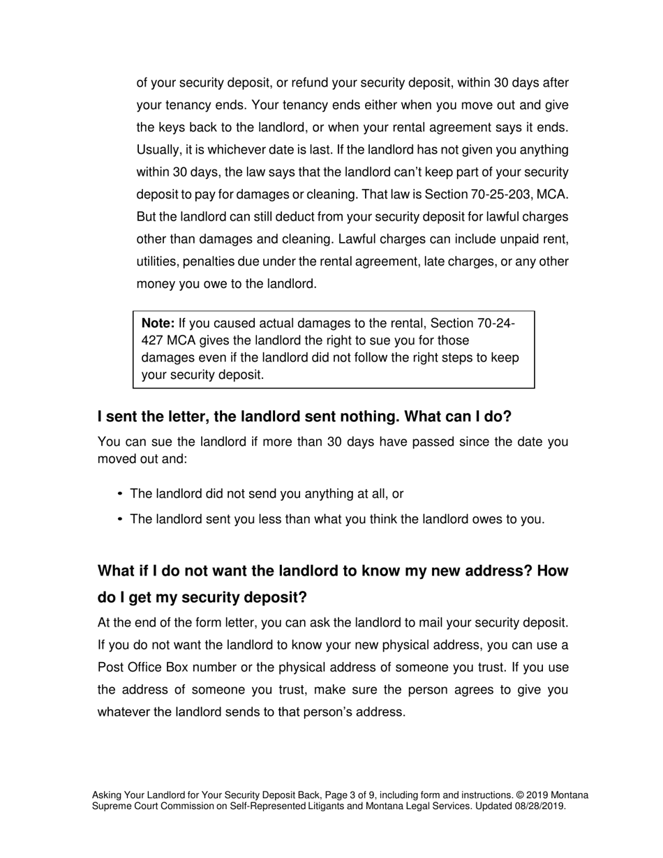 Montana Security Deposit Demand Letter (Asking Your Landlord for Your Security Deposit Back