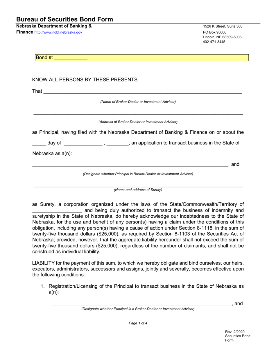 Bureau of Securities Bond Form - Nebraska, Page 1