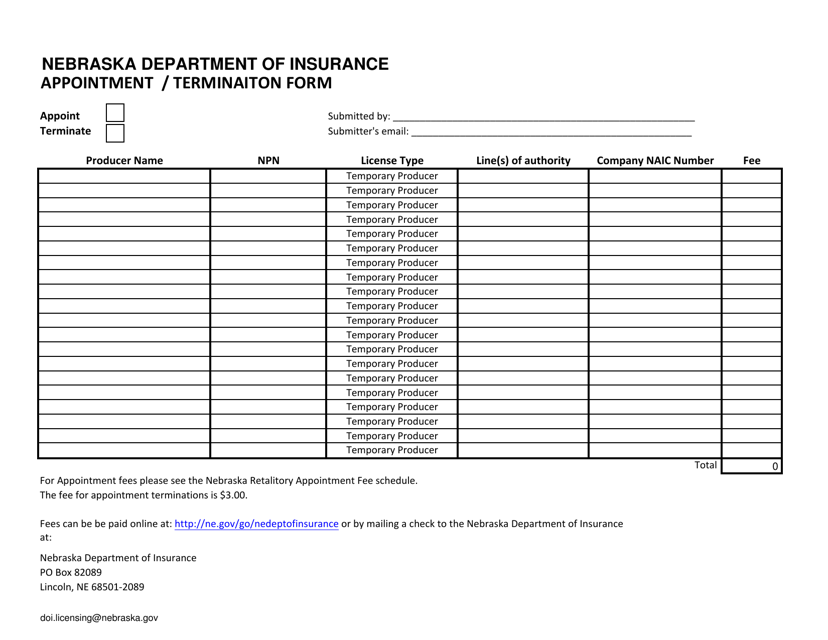 Appointment / Terminaiton Form - Nebraska