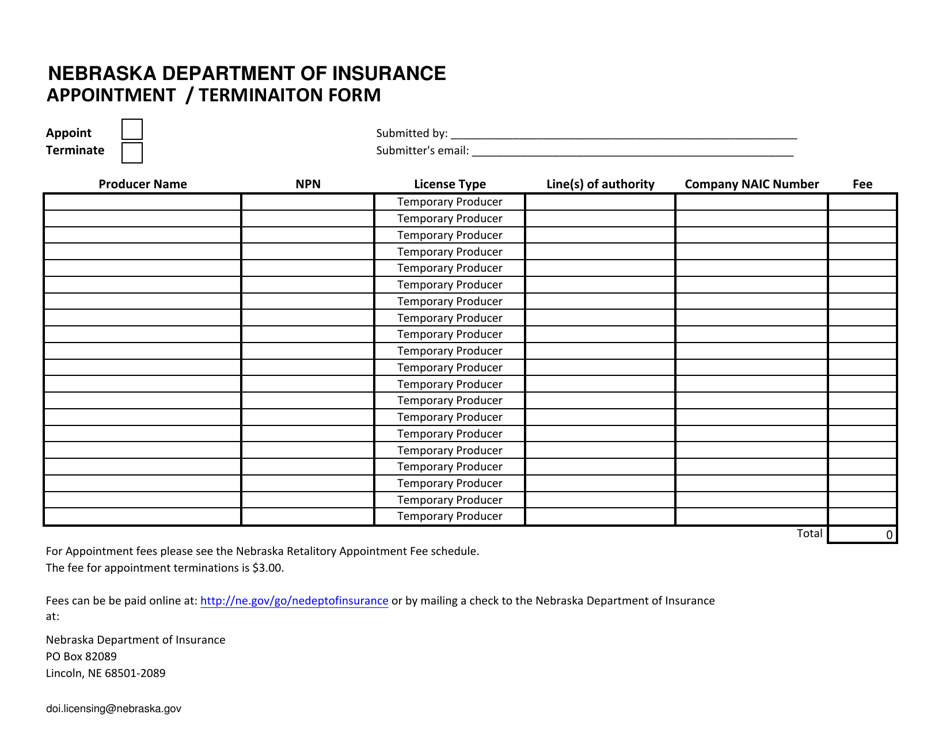 Appointment / Terminaiton Form - Nebraska, Page 1