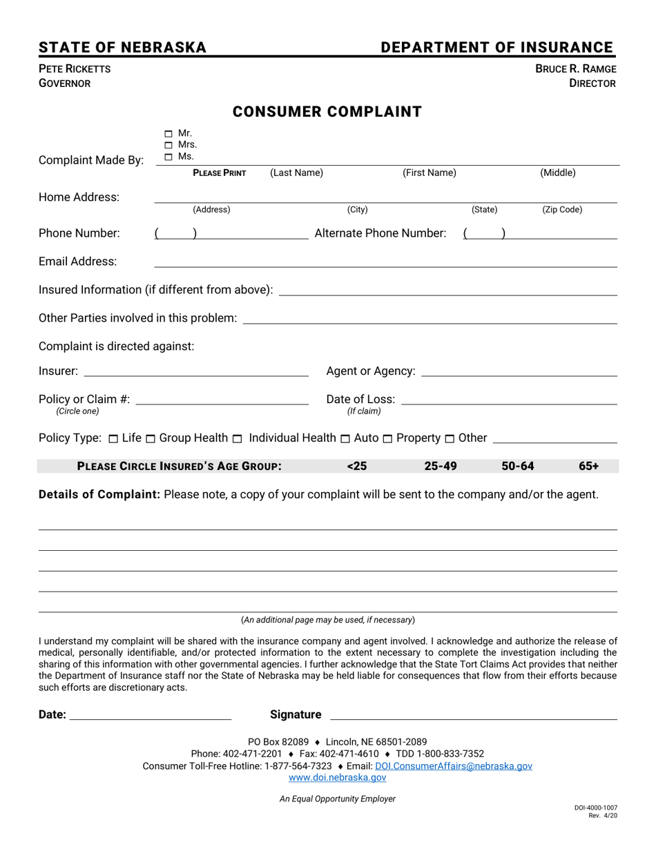 Form DOI-4000-1007 Consumer Complaint - Nebraska, Page 1