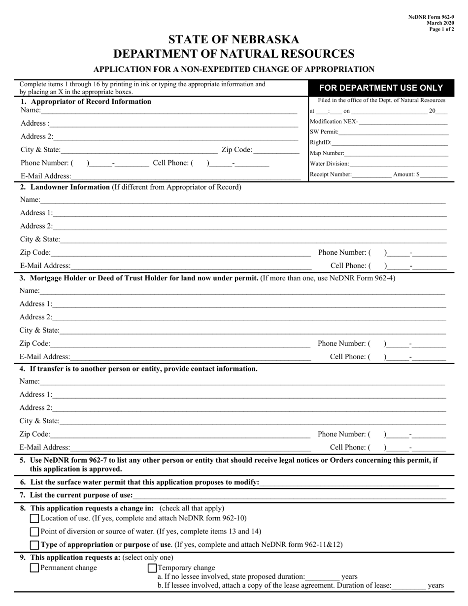 DNR Form 962-9 Application for a Non-expedited Change of Appropriation - Nebraska, Page 1