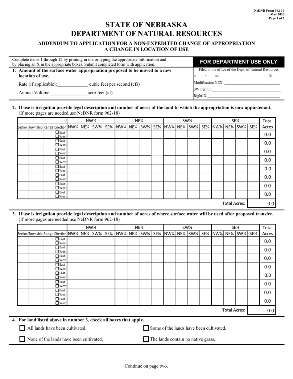 DNR Form 962-10 Addendum to Application for a Non-expedited Change of Appropriation a Change in Location of Use - Nebraska, Page 1