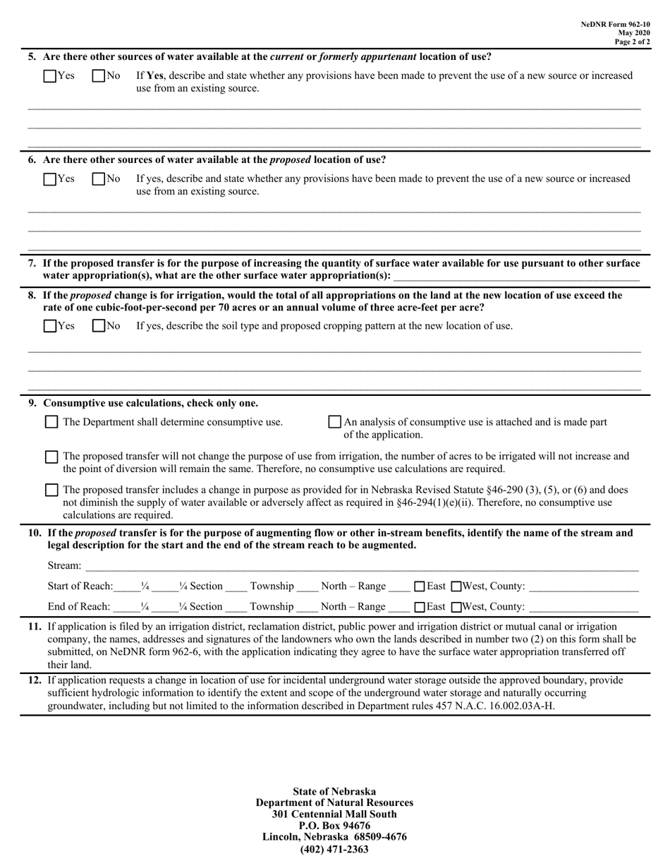 DNR Form 962-10 Addendum to Application for a Non-expedited Change of Appropriation a Change in Location of Use - Nebraska, Page 2