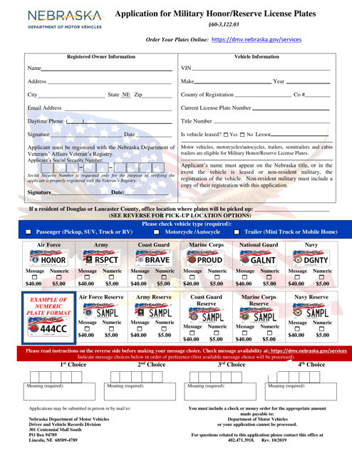 Application for Military Honor / Reserve License Plates - Nebraska Download Pdf