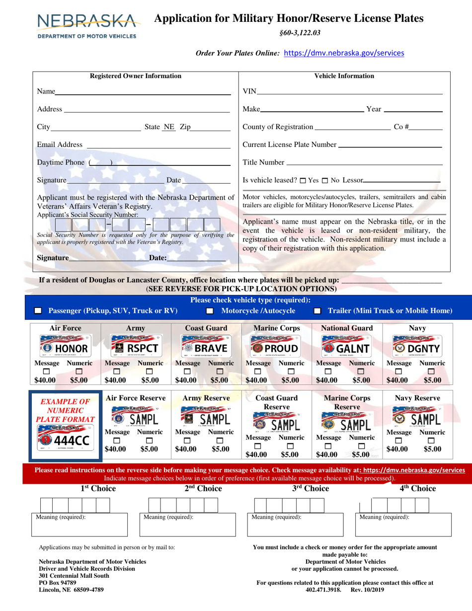 Application for Military Honor / Reserve License Plates - Nebraska, Page 1