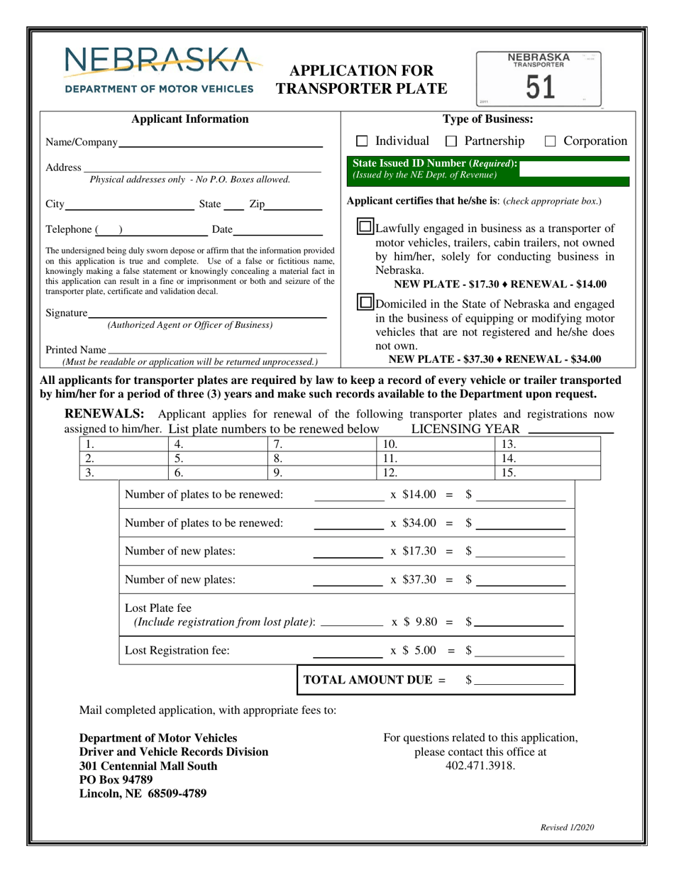 Application for Transporter Plate - Nebraska, Page 1