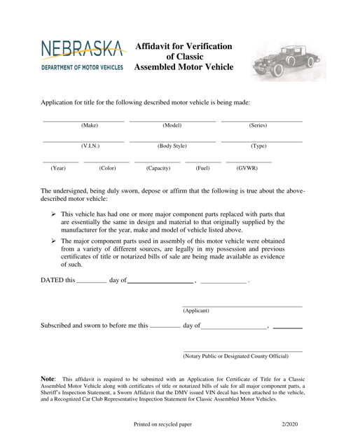 Affidavit for Verification of Classic Assembled Motor Vehicle - Nebraska Download Pdf