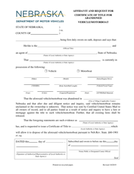 Document preview: Affidavit and Request for Certificate of Title for Abandoned Vehicle/Motorboat - Nebraska