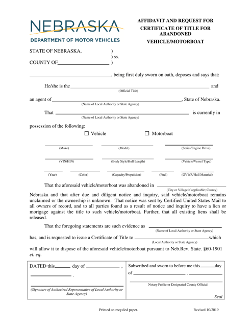 Affidavit and Request for Certificate of Title for Abandoned Vehicle / Motorboat - Nebraska Download Pdf