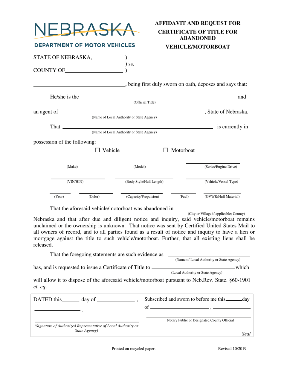 Affidavit and Request for Certificate of Title for Abandoned Vehicle / Motorboat - Nebraska, Page 1