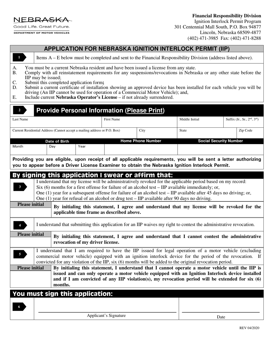 Application for Nebraska Ignition Interlock Permit (Iip) - Nebraska, Page 1
