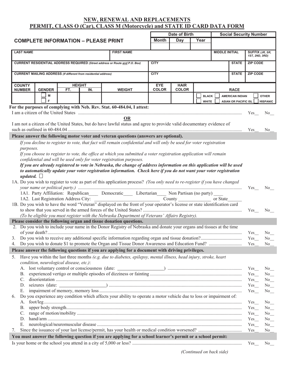 Form DMV06-104 New, Renewal and Replacements Permit, Class O (Car), Class M (Motorcycle) and State Id Card Data Form - Nebraska, Page 1