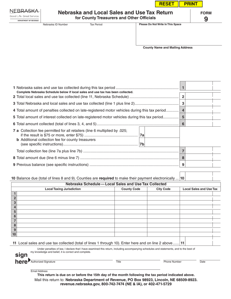 Form 9 Nebraska and Local Sales and Use Tax Return for County Treasurers and Other Officials - Nebraska, Page 1