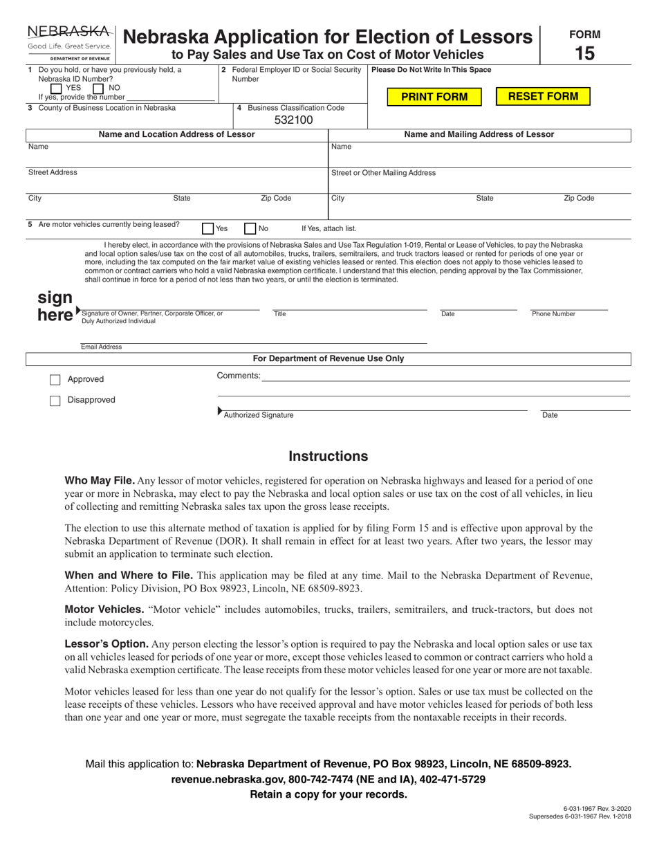 Form 15 Download Fillable PDF or Fill Online Nebraska Application for