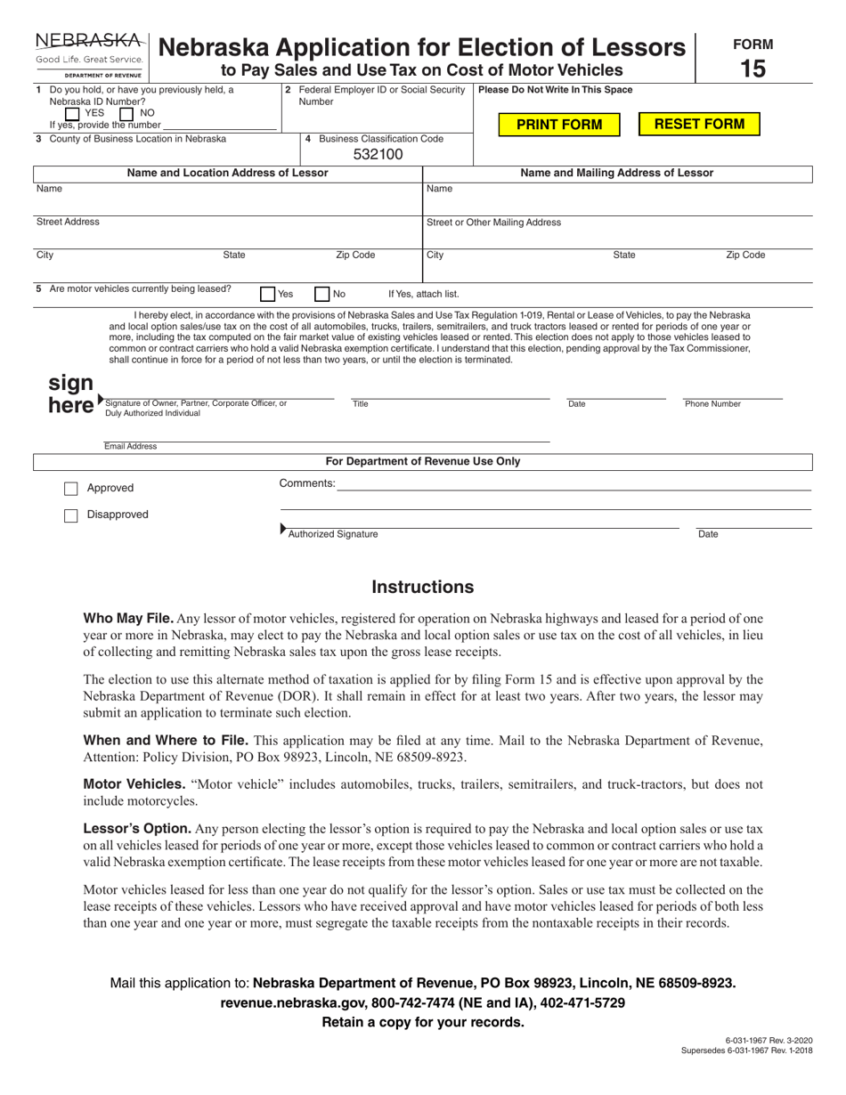Form 15 Nebraska Application for Election of Lessors to Pay Sales and Use Tax on Cost of Motor Vehicles - Nebraska, Page 1