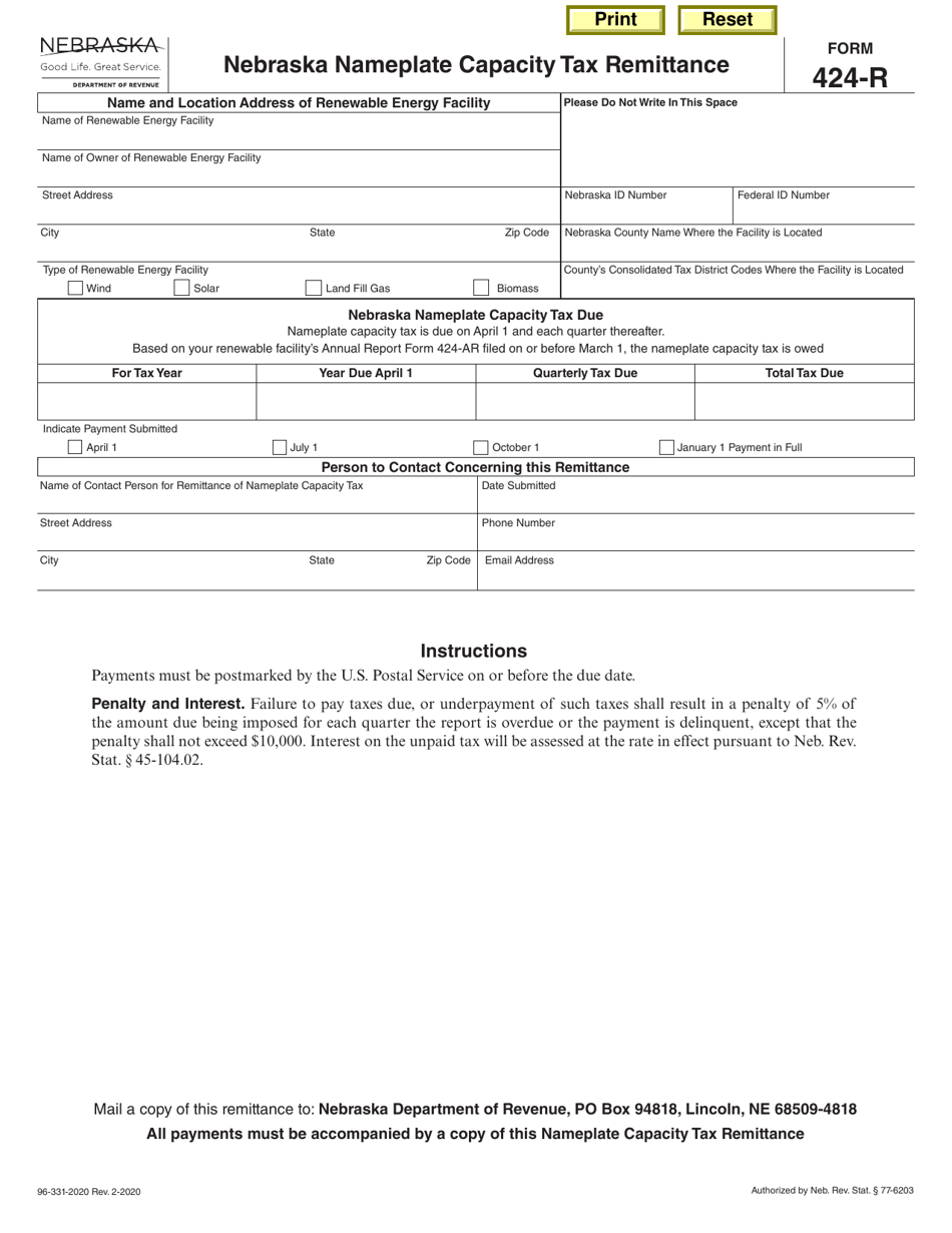 Form 424-R Nebraska Nameplate Capacity Tax Remittance - Nebraska, Page 1