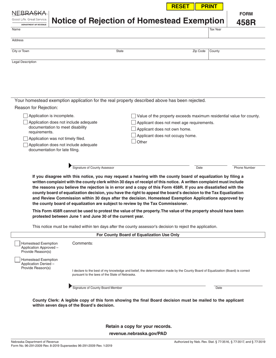 Form 458R Notice of Rejection of Homestead Exemption - Nebraska, Page 1