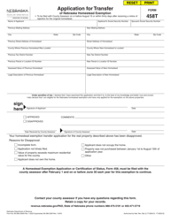 Form 458T Application for Transfer of Nebraska Homestead Exemption - Nebraska