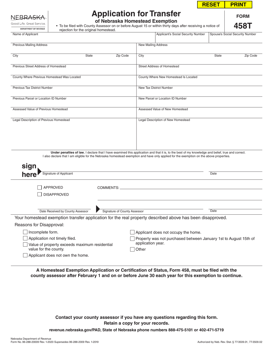 Form 458T Fill Out, Sign Online and Download Fillable PDF, Nebraska