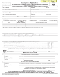 Form 451 Exemption Application for Tax Exemption on Real and Personal Property by Qualifying Organizations - Nebraska