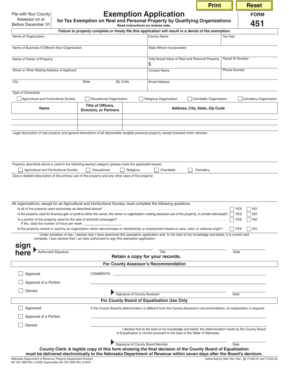 Form 451 Exemption Application for Tax Exemption on Real and Personal Property by Qualifying Organizations - Nebraska, Page 1