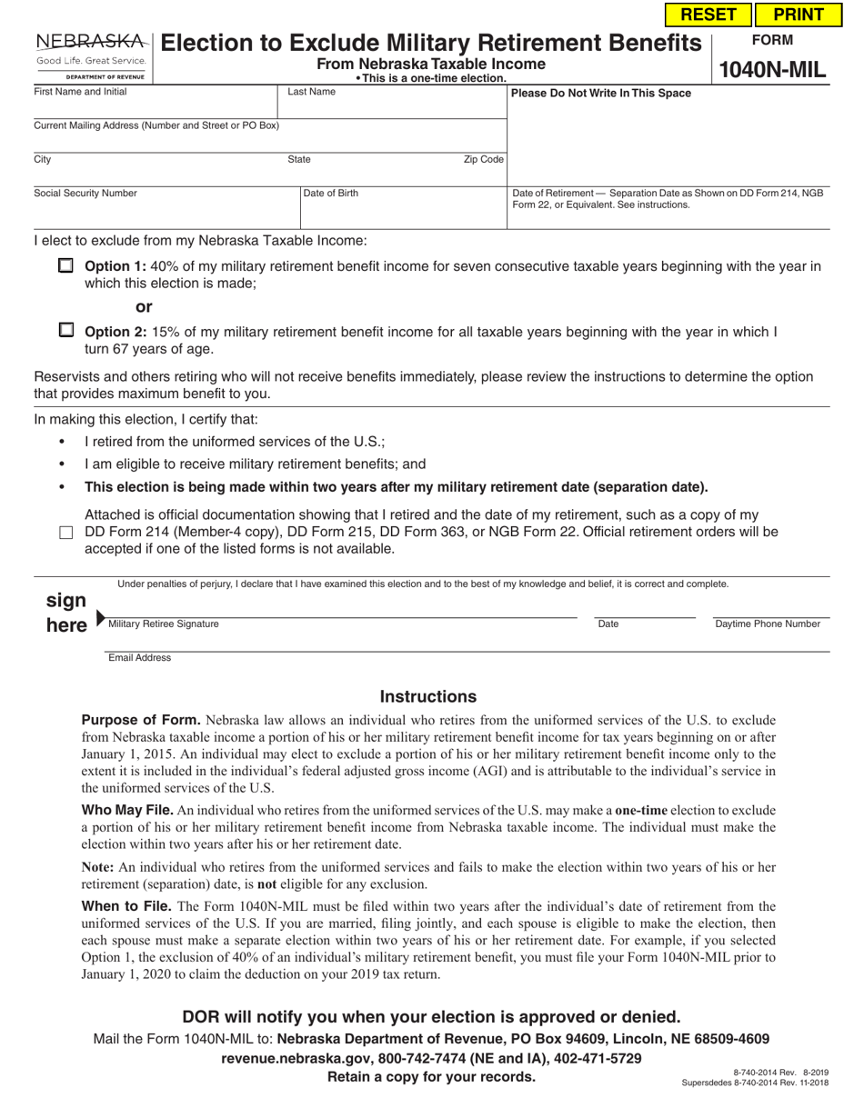 Form 1040N-MIL Election to Exclude Military Retirement Benefits From Nebraska Taxable Income - Nebraska, Page 1