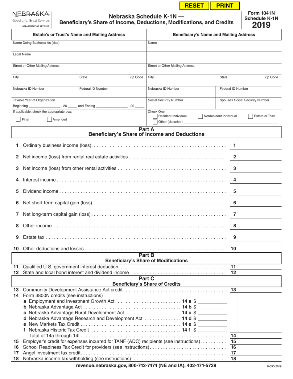 Form 1041N Schedule K-1N Beneficiarys Share of Income, Deductions, Modifications, and Credits - Nebraska, Page 1