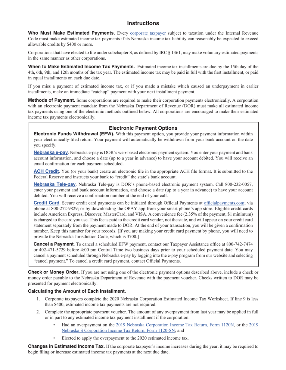 Form 1120N-ES Nebraska Corporation Estimated Income Tax Payment Voucher - Nebraska, Page 2