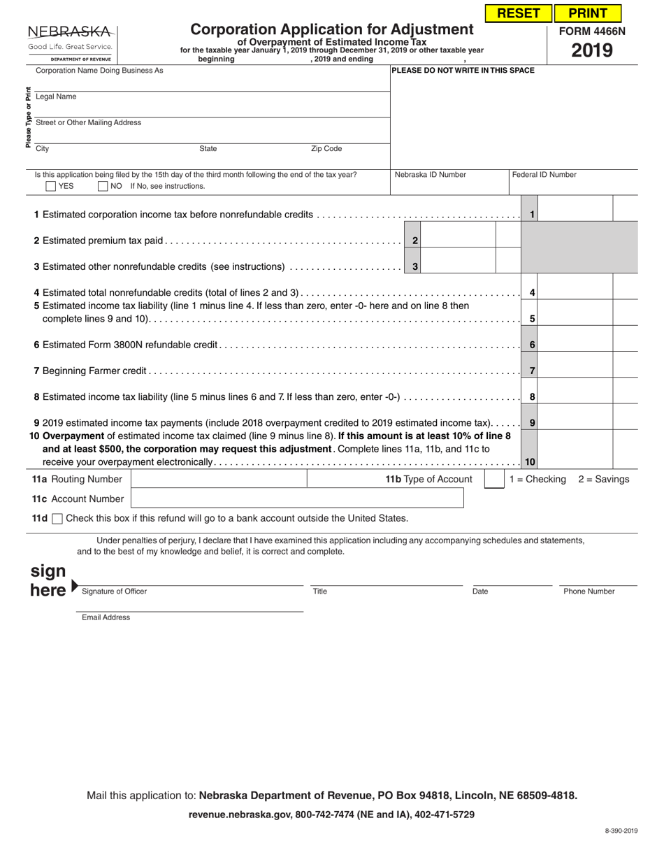 Form 4466N Corporation Application for Adjustment of Overpayment of Estimated Income Tax - Nebraska, Page 1