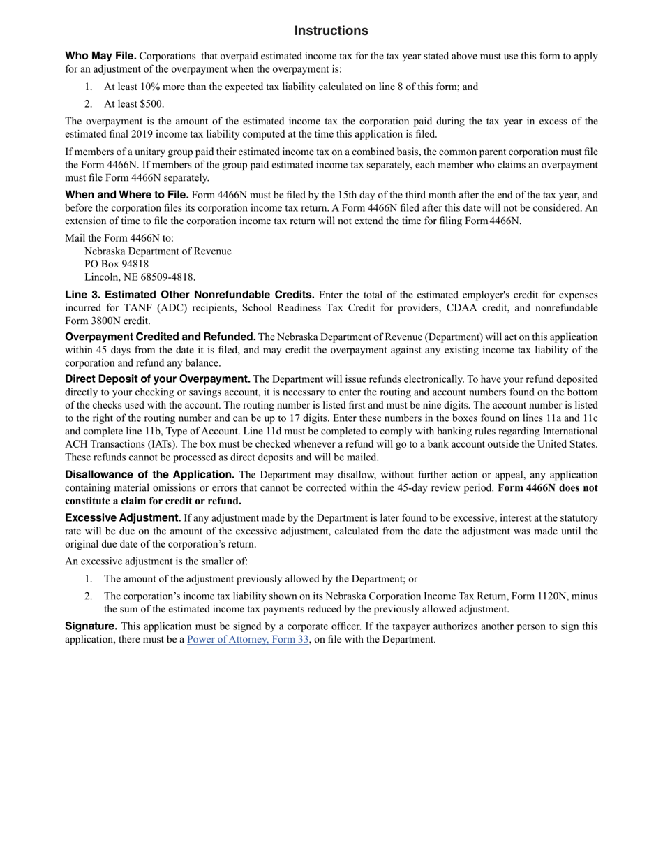 Form 4466N Corporation Application for Adjustment of Overpayment of Estimated Income Tax - Nebraska, Page 2