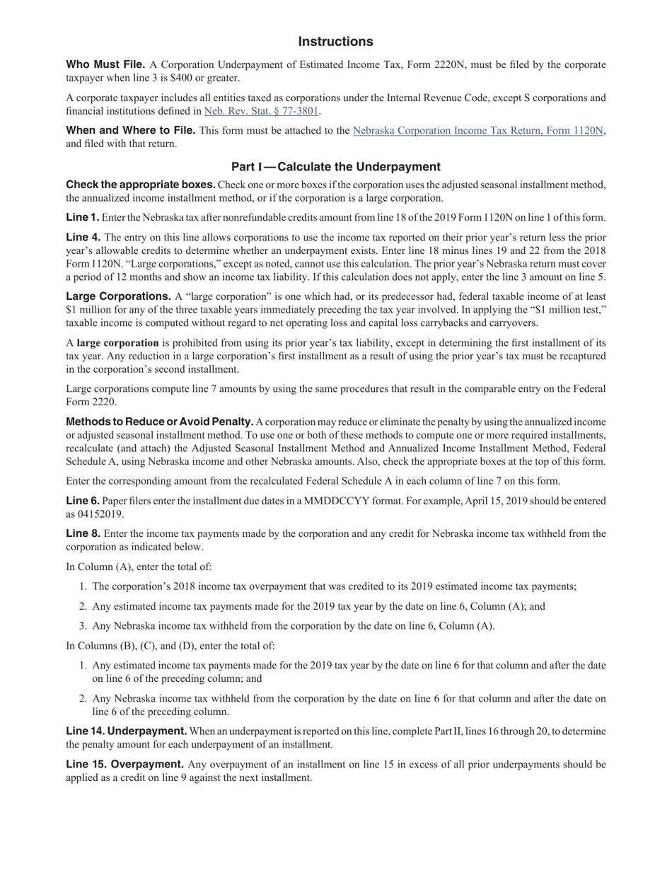 Form 2220N Corporation Underpayment of Estimated Income Tax - Nebraska, Page 2