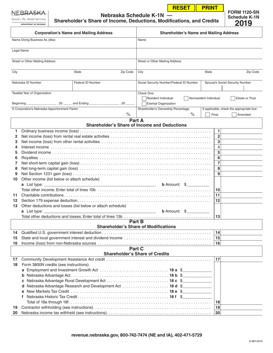 Form 1120-SN Schedule K-1N Shareholders Share of Income, Deductions, Modifications, and Credits - Nebraska, Page 1