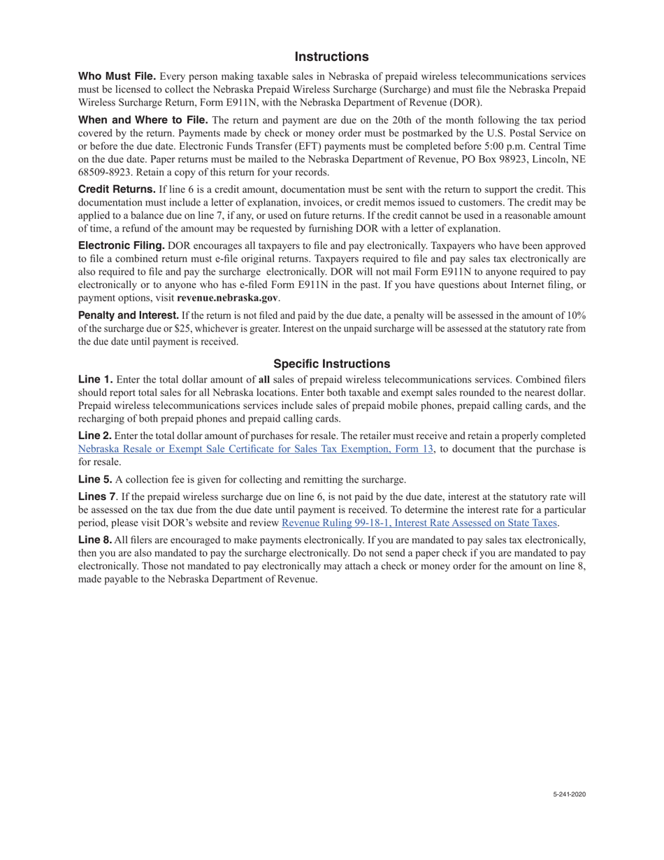 Form E911N Nebraska Prepaid Wireless Surcharge Return - Nebraska, Page 2
