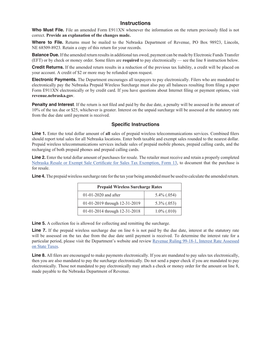 Form E911XN Amended Nebraska Prepaid Wireless Surcharge Return - Nebraska, Page 2