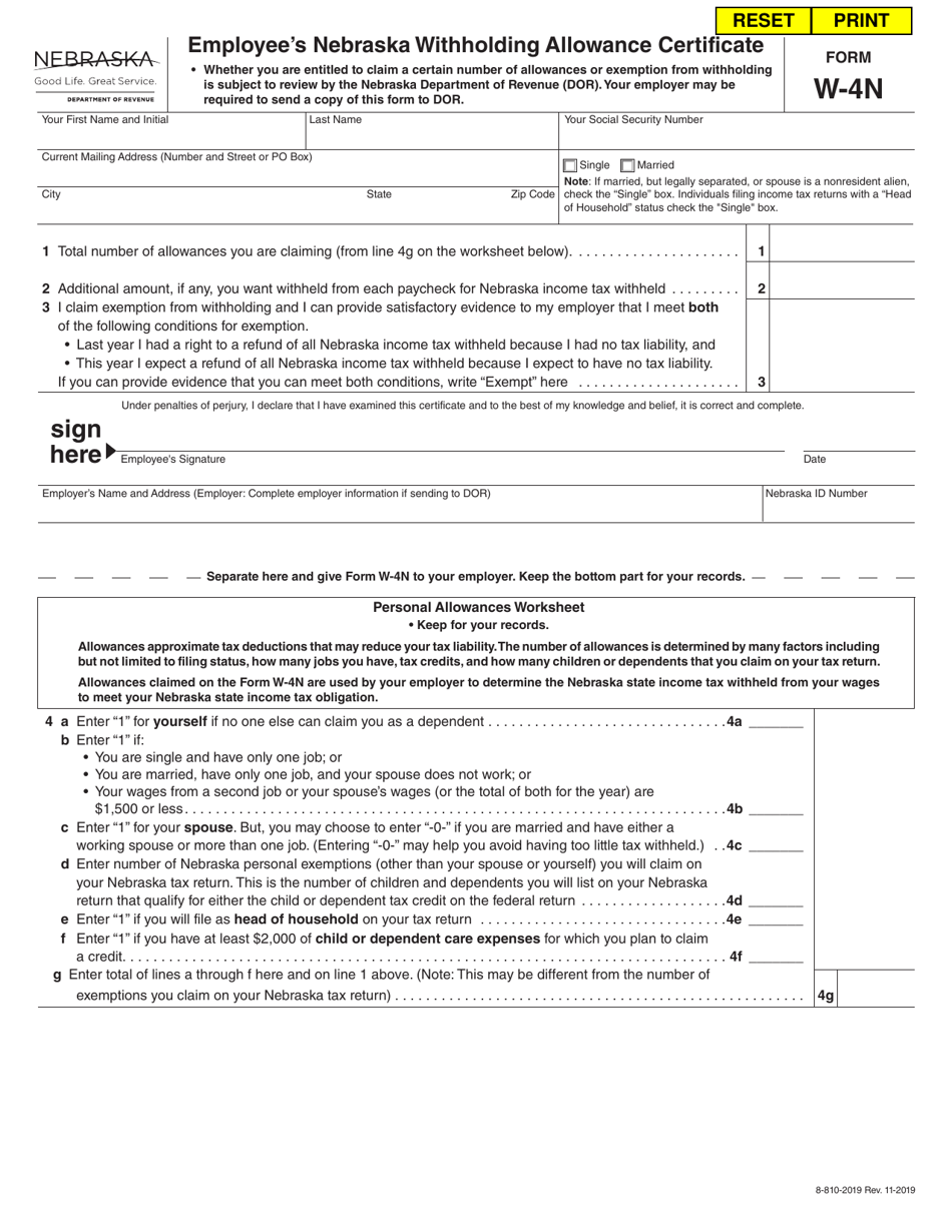Form W-4N Employees Nebraska Withholding Allowance Certificate - Nebraska, Page 1