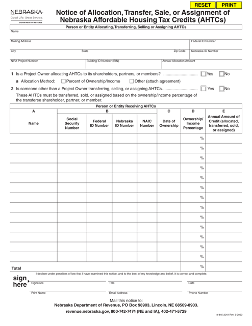 Notice of Allocation, Transfer, Sale, or Assignment of Nebraska Affordable Housing Tax Credits (Ahtcs) - Nebraska Download Pdf