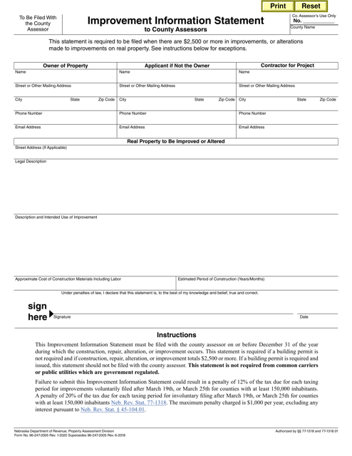 Form 96-247-2005 Improvement Information Statement to County Assessors - Nebraska